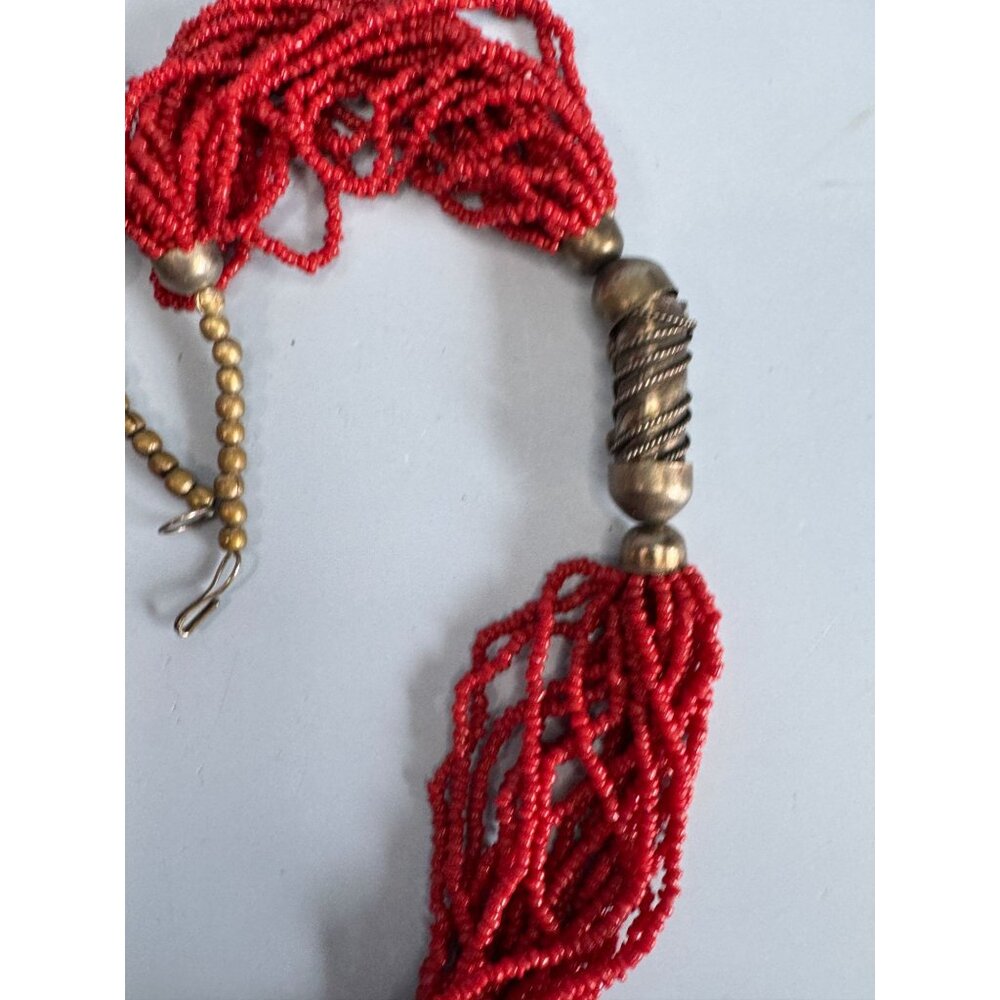 Vintage 1960s Tribal Red Coral Seed Beaded MultiStrand Necklace Oxidized Silver - Picture 6 of 8